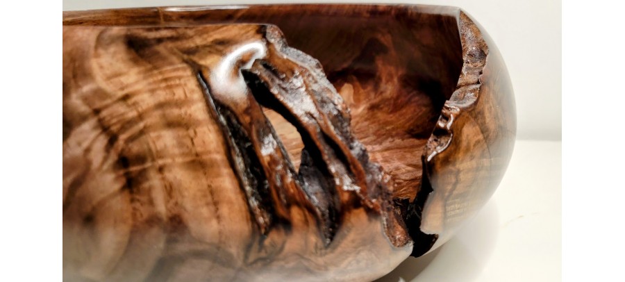 Meet "The Highlight" - Highly Figured Black Walnut Bowl with Bark Inclusion - Locally Handmade