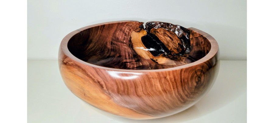 Meet "Blessed" - Highly Figured Large Black Walnut Bowl with Bark Inclusion - Locally Handmade