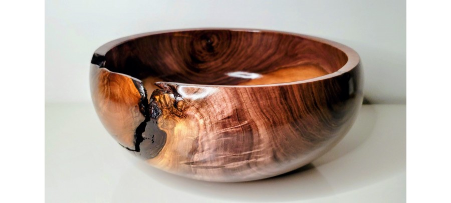 Meet "Blessed" - Highly Figured Large Black Walnut Bowl with Bark Inclusion - Locally Handmade