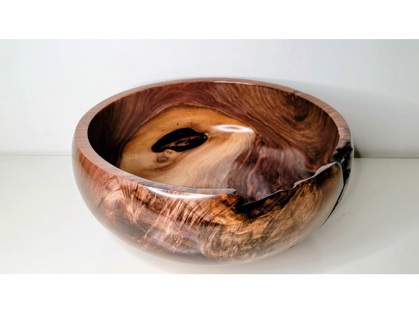 Meet "Blessed" - Highly Figured Large Black Walnut Bowl with Bark Inclusion - Locally Handmade