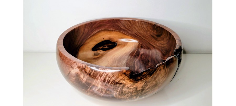 Meet "Blessed" - Highly Figured Large Black Walnut Bowl with Bark Inclusion - Locally Handmade