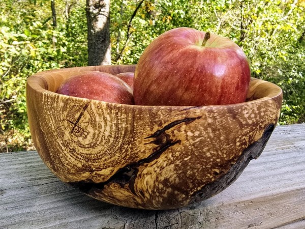 Pretty Good Little Apple Bowl With Bark Inclusion and Spalting - Handmade by Illinois Woodturner - 7.25" x 3.25" - Unique Bowl - Wood Art