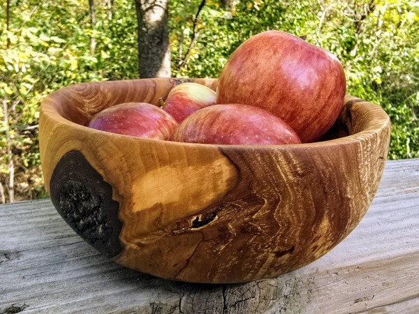 Pretty Good Little Apple Bowl With Bark Inclusion and Spalting - Handmade by Illinois Woodturner - 7.25" x 3.25" - Unique Bowl - Wood Art