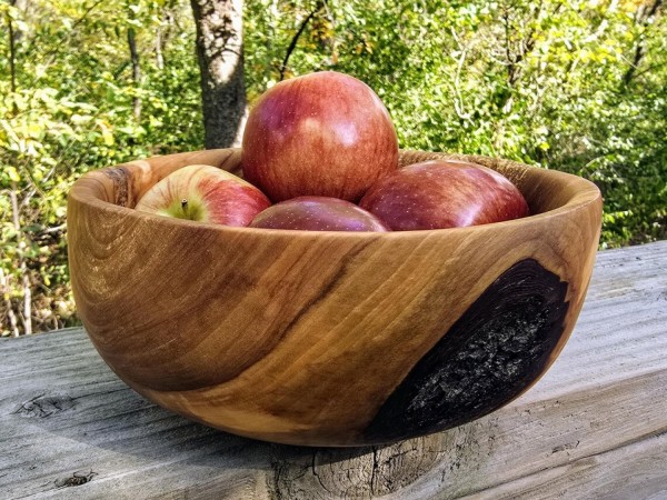 Pretty Good Little Apple Bowl With Bark Inclusion and Spalting - Handmade by Illinois Woodturner - 7.25" x 3.25" - Unique Bowl - Wood Art