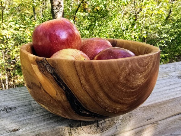 Pretty Good Little Apple Bowl With Bark Inclusion and Spalting - Handmade by Illinois Woodturner - 7.25" x 3.25" - Unique Bowl - Wood Art