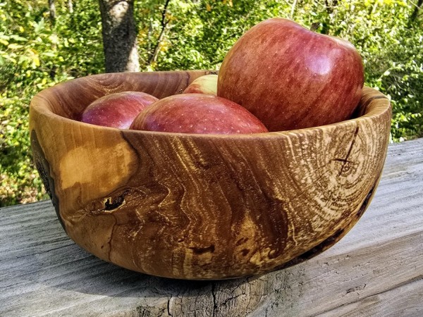 Pretty Good Little Apple Bowl With Bark Inclusion and Spalting - Handmade by Illinois Woodturner - 7.25" x 3.25" - Unique Bowl - Wood Art